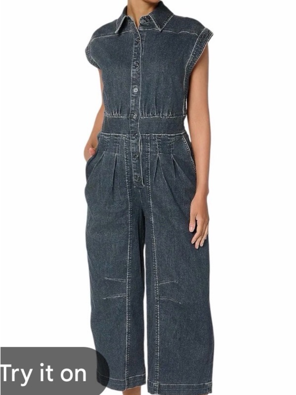 Sleeveless Dark Wash Denim Overalls with Button Front